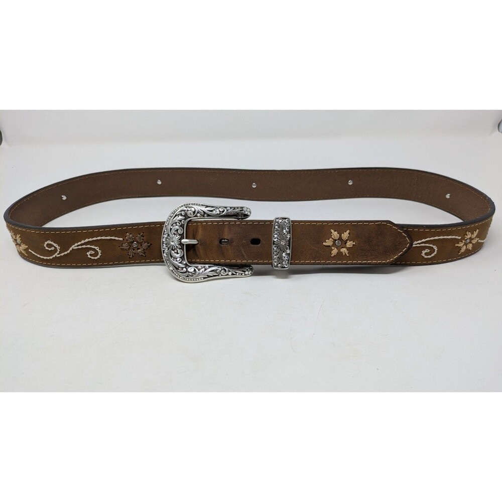 VTG Nocona Womens Leather Belt XL Western Studded Embroidered Rhinestone Buckle